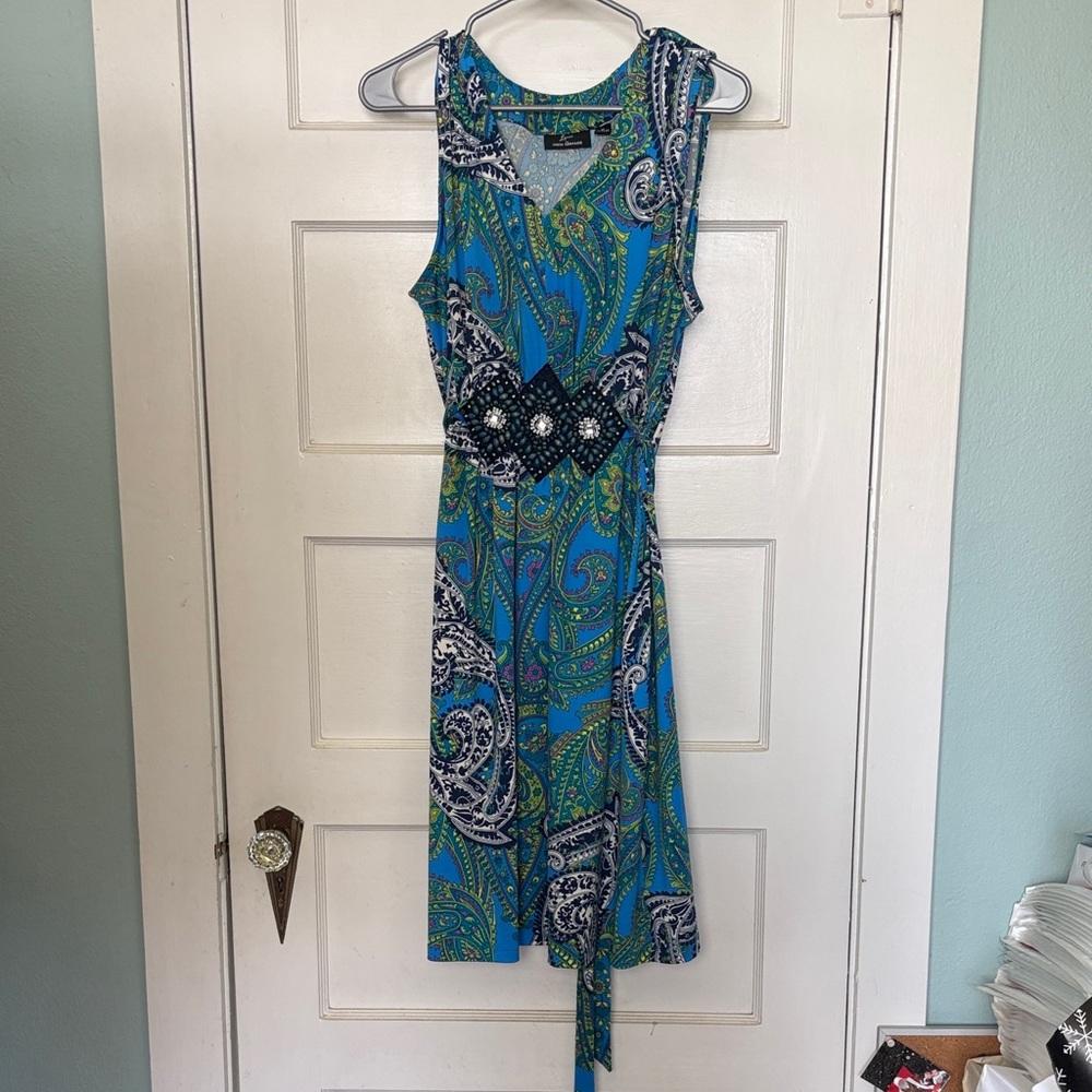 Lemmie for Nina Leonard Blue and Green Paisley Midi Dress w Beaded Waist Size XL